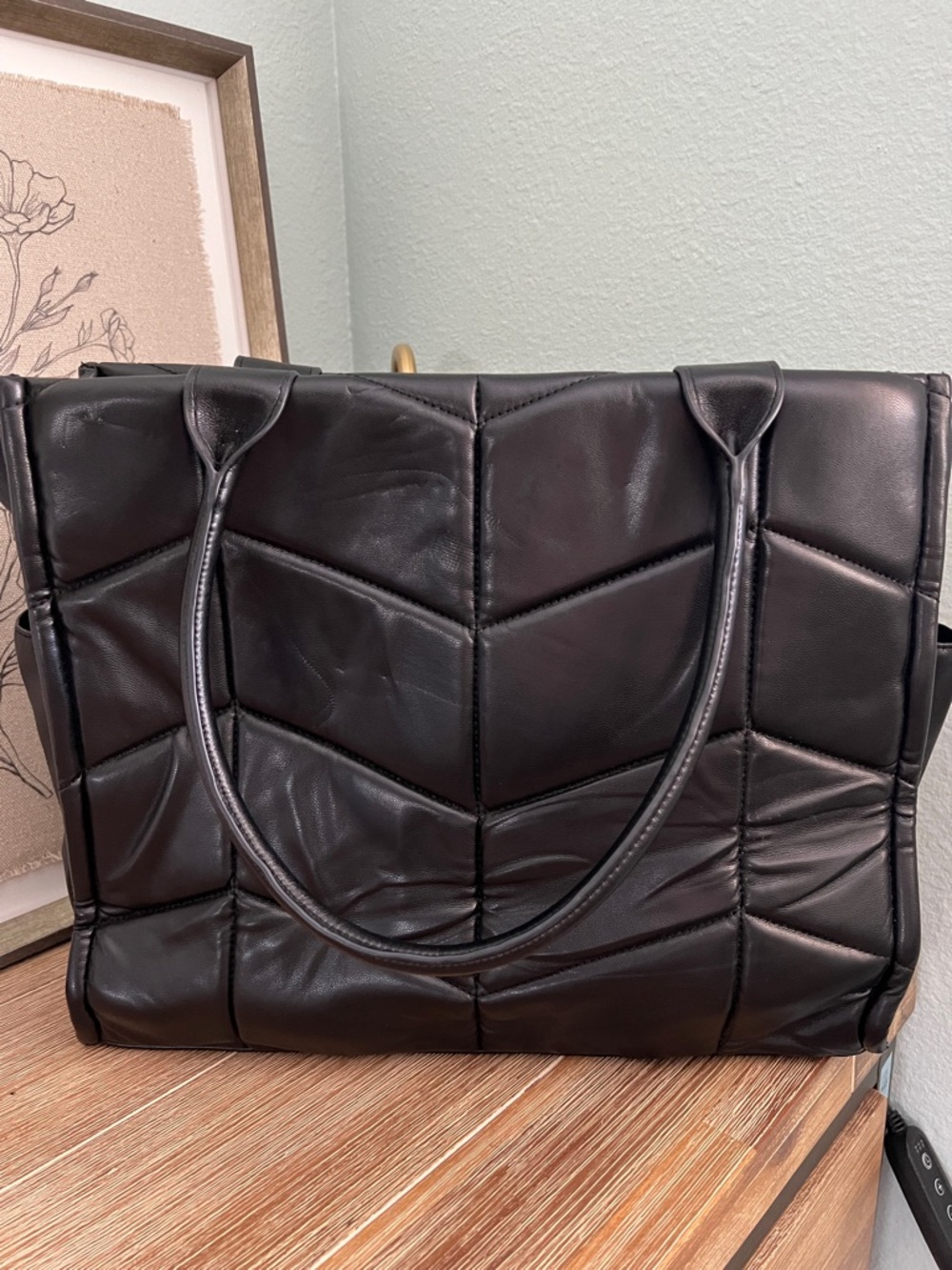 a new day Black Quilted Tote with Chevron Stitch